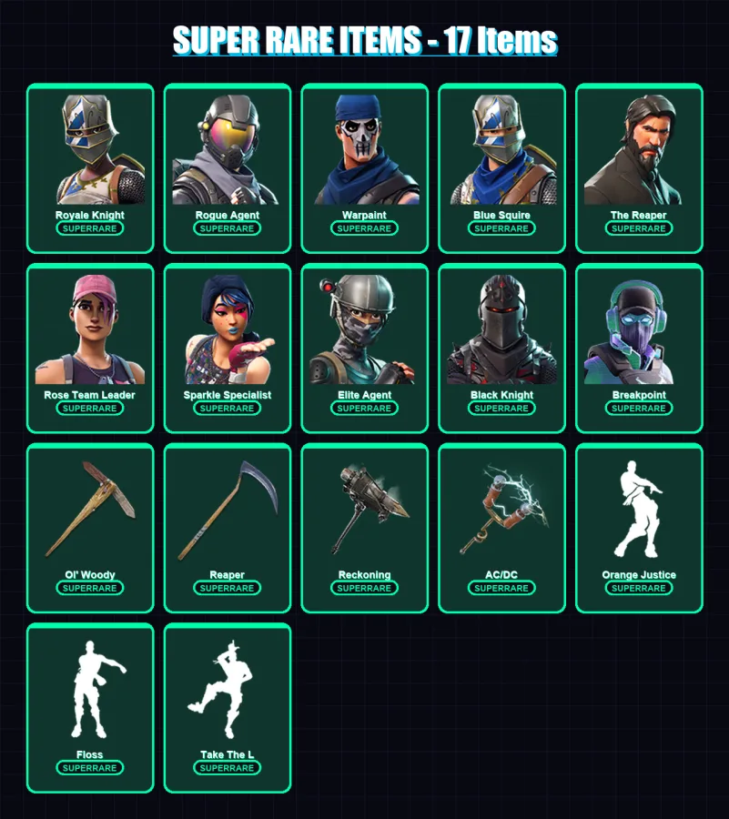 [PC/PSN] | Royale Knight | Rogue Agent | Warpaint | Blue Squire | The Reaper | 195 skin | 158 pickaxe | 151 emote | 150 glider | Lv1750