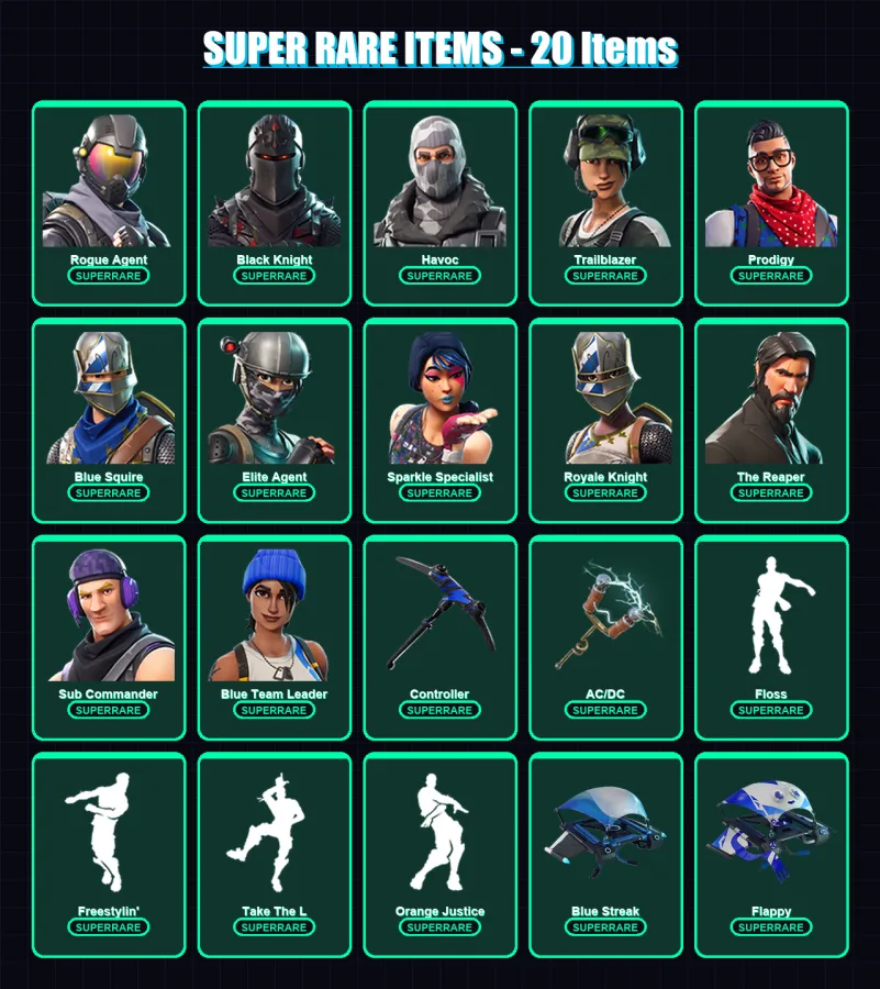 [PS4/PS5/XBOX/PC] | Rogue Agent | Black Knight | Havoc | Trailblazer | Prodigy | 34 skin | 22 pickaxe | 29 emote | 28 glider | Lv346