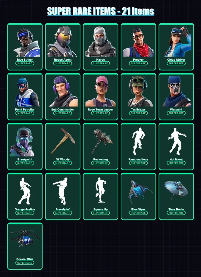 [PS4/PS5/XBOX/PC] | Blue Striker | Rogue Agent | Havoc | Prodigy | Cloud Striker | 128 skin | 183 pickaxe | 152 emote | 157 glider | Lv3002
