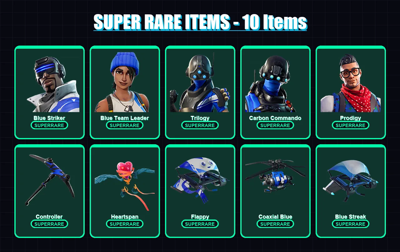[PS4/PS5/XBOX/PC] | Blue Striker | Blue Team Leader | Trilogy | Carbon Commando | Prodigy | 12 skin | 9 pickaxe | 10 emote | 13 glider | Lv70 — Fortnite account