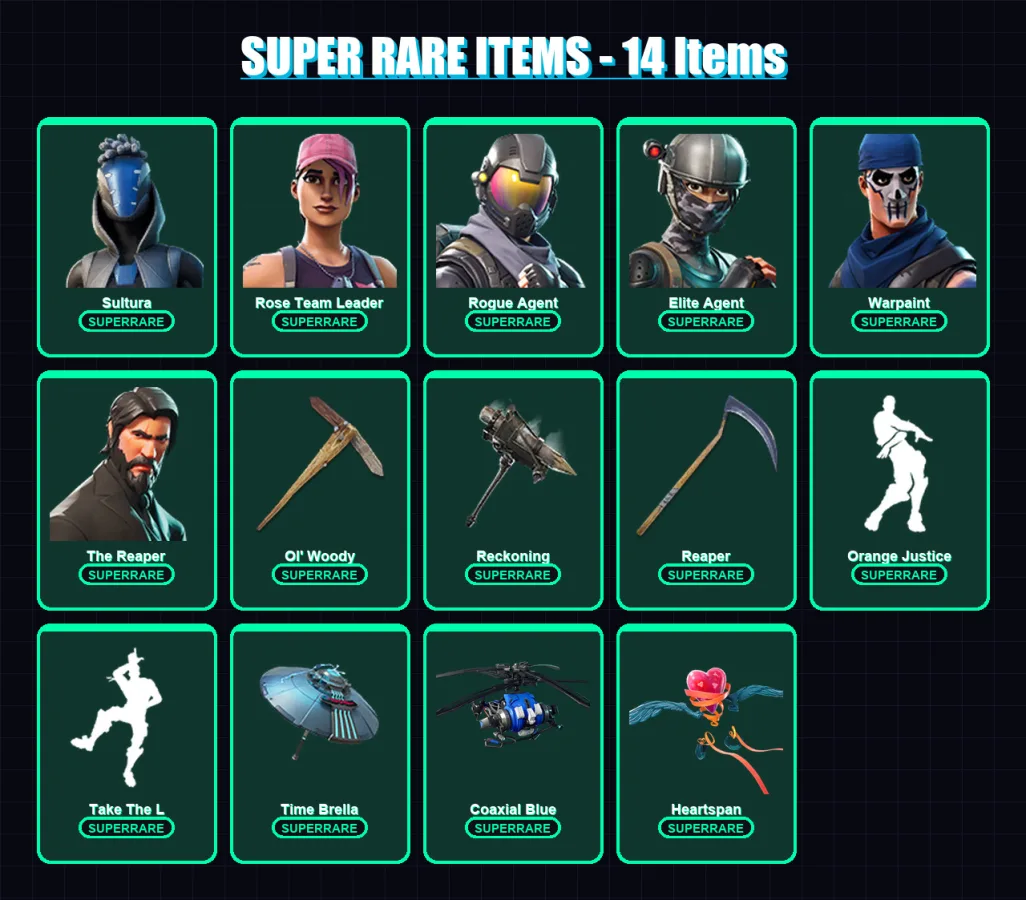 [PC] | Sultura | Rose Team Leader | Rogue Agent | Elite Agent | Warpaint | 101 skin | 87 pickaxe | 82 emote | 87 glider | Lv1085