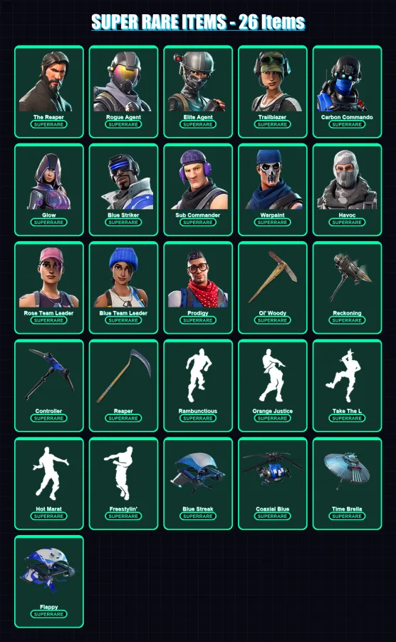 [PS4/PS5/XBOX/PC] | The Reaper | Rogue Agent | Elite Agent | Trailblazer | Carbon Commando | 110 skin | 107 pickaxe | 88 emote | 88 glider | Lv997