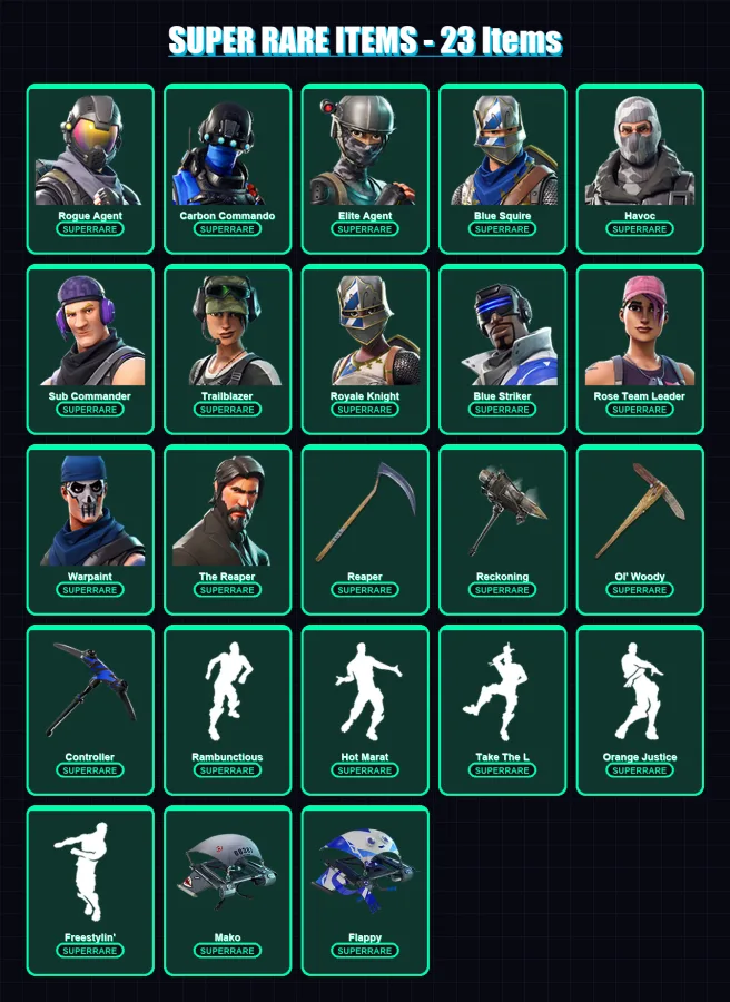 [PS4/PS5/XBOX/PC] | Rogue Agent | Carbon Commando | Elite Agent | Blue Squire | Havoc | 113 skin | 74 pickaxe | 84 emote | 84 glider | Lv987