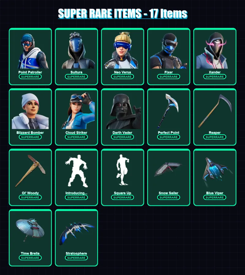 [PS4/PS5/PC] | Point Patroller | Sultura | Neo Versa | Fixer | Xander | 267 skin | 315 pickaxe | 217 emote | 215 glider | Lv2626