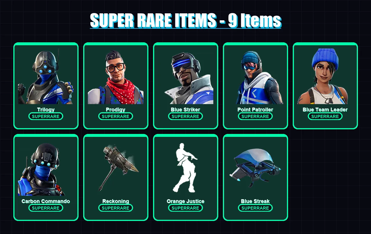 [PC/XBOX] | Trilogy | Prodigy | Blue Striker | Point Patroller | Blue Team Leader | 28 skin | 14 pickaxe | 19 emote | 21 glider | Lv303