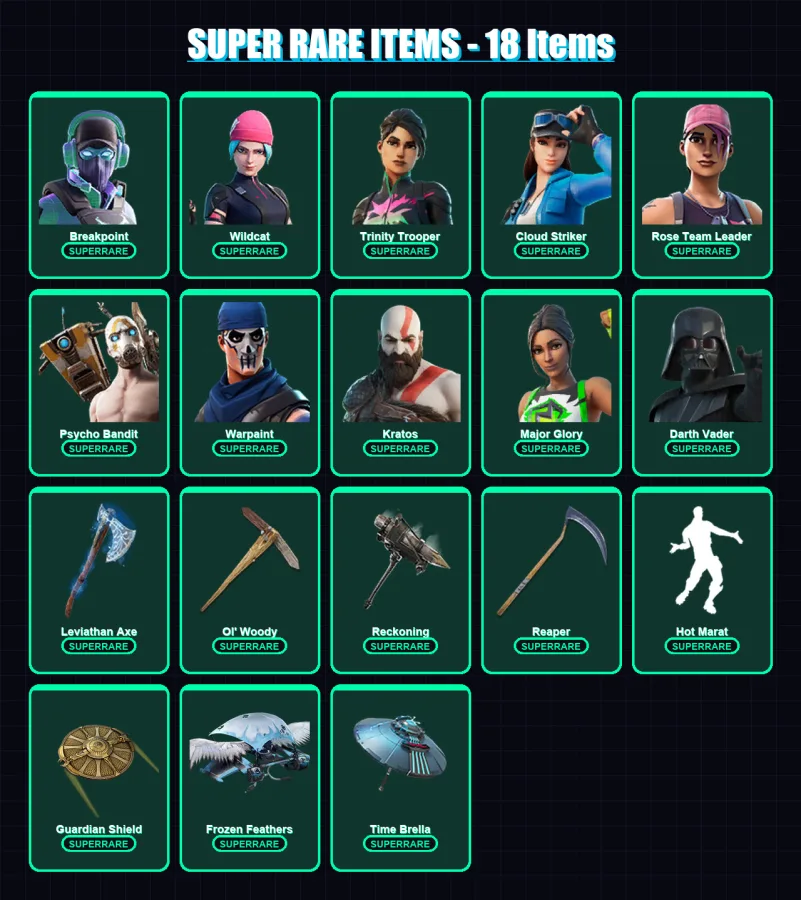 [PC/XBOX/PSN] | Breakpoint | Wildcat | Trinity Trooper | Cloud Striker | Rose Team Leader | 636 skin | 447 pickaxe | 367 emote | 253 glider | Lv3298 — Fortnite account