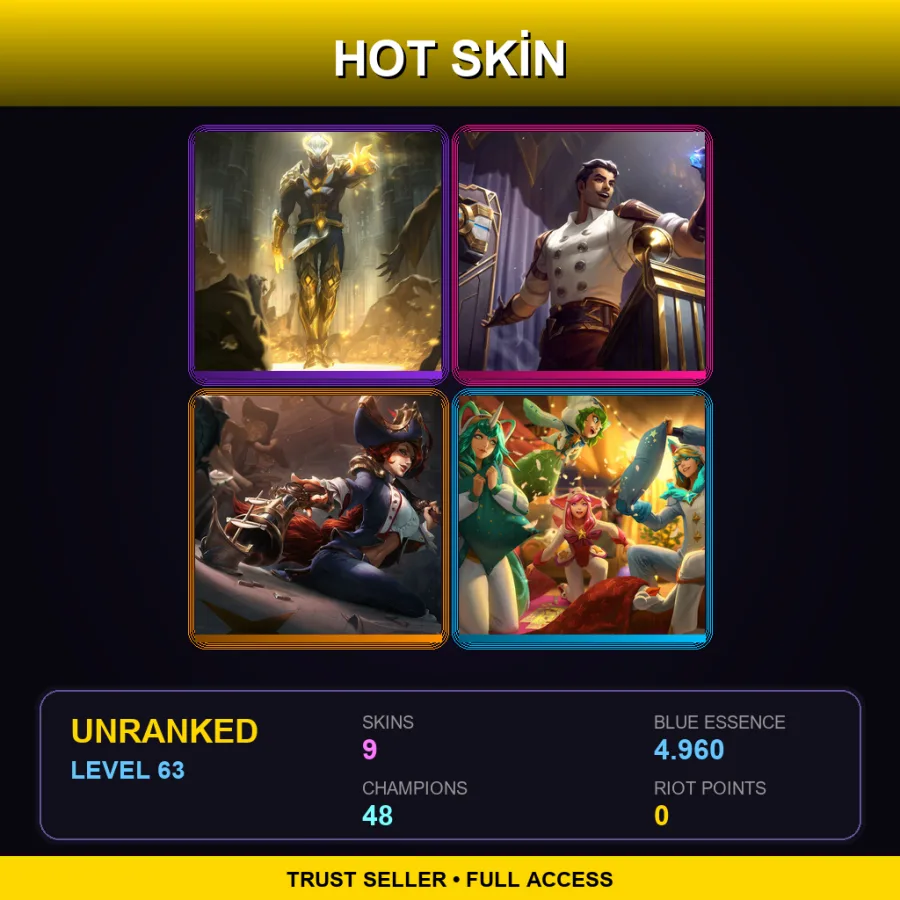EUW | Lv63 | Unranked | 9 Skin | 48 Champ — LoL account