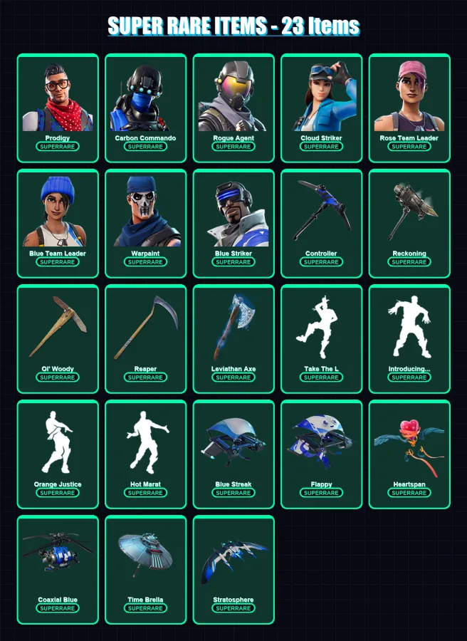 [PC/XBOX] | Prodigy | Carbon Commando | Rogue Agent | Cloud Striker | Rose Team Leader | 94 skin | 117 pickaxe | 103 emote | 125 glider | Lv1508