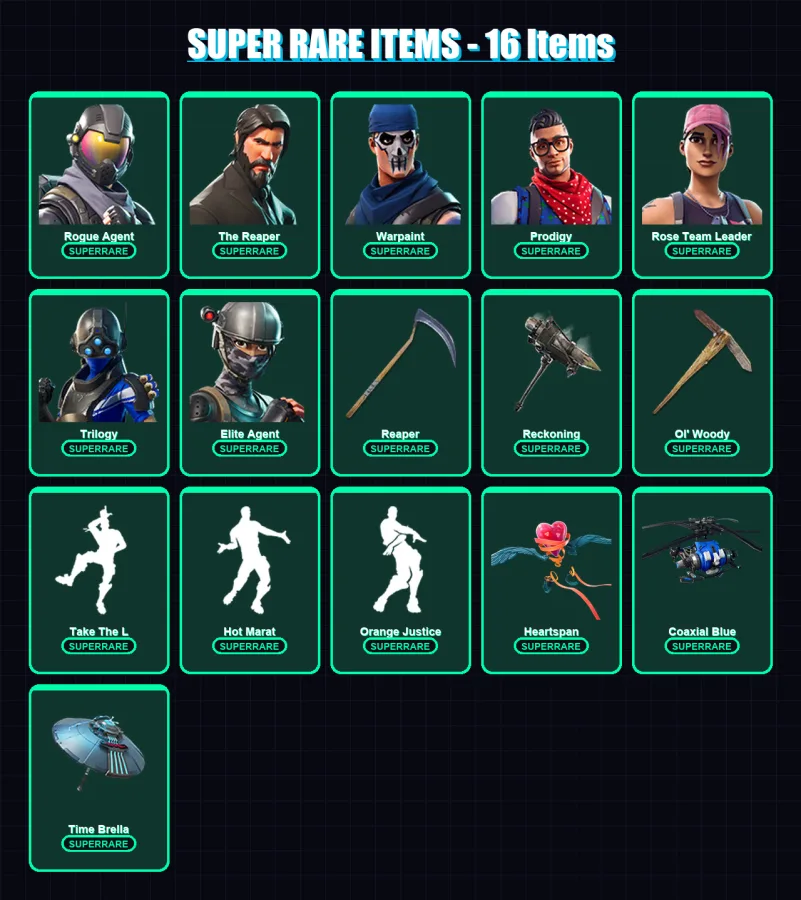 [PS4/PS5/PC] | Rogue Agent | The Reaper | Warpaint | Prodigy | Rose Team Leader | 110 skin | 88 pickaxe | 85 emote | 101 glider | Lv1199