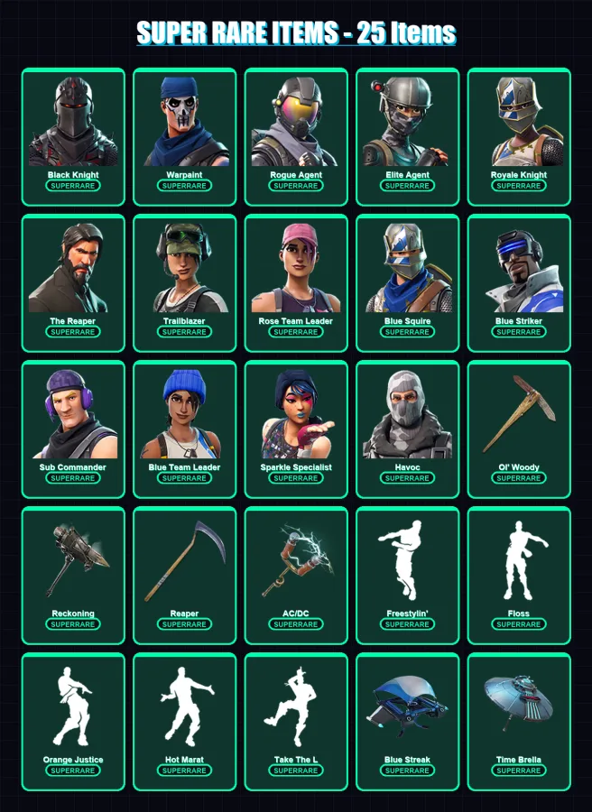 [PS4/PS5/XBOX/PC] | Black Knight | Warpaint | Rogue Agent | Elite Agent | Royale Knight | 196 skin | 174 pickaxe | 135 emote | 124 glider | Lv1326