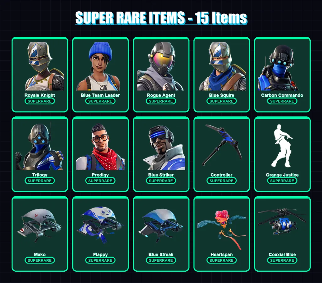 [PS4/PS5/PC] | Royale Knight | Blue Team Leader | Rogue Agent | Blue Squire | Carbon Commando | 50 skin | 65 pickaxe | 65 emote | 63 glider | Lv1250