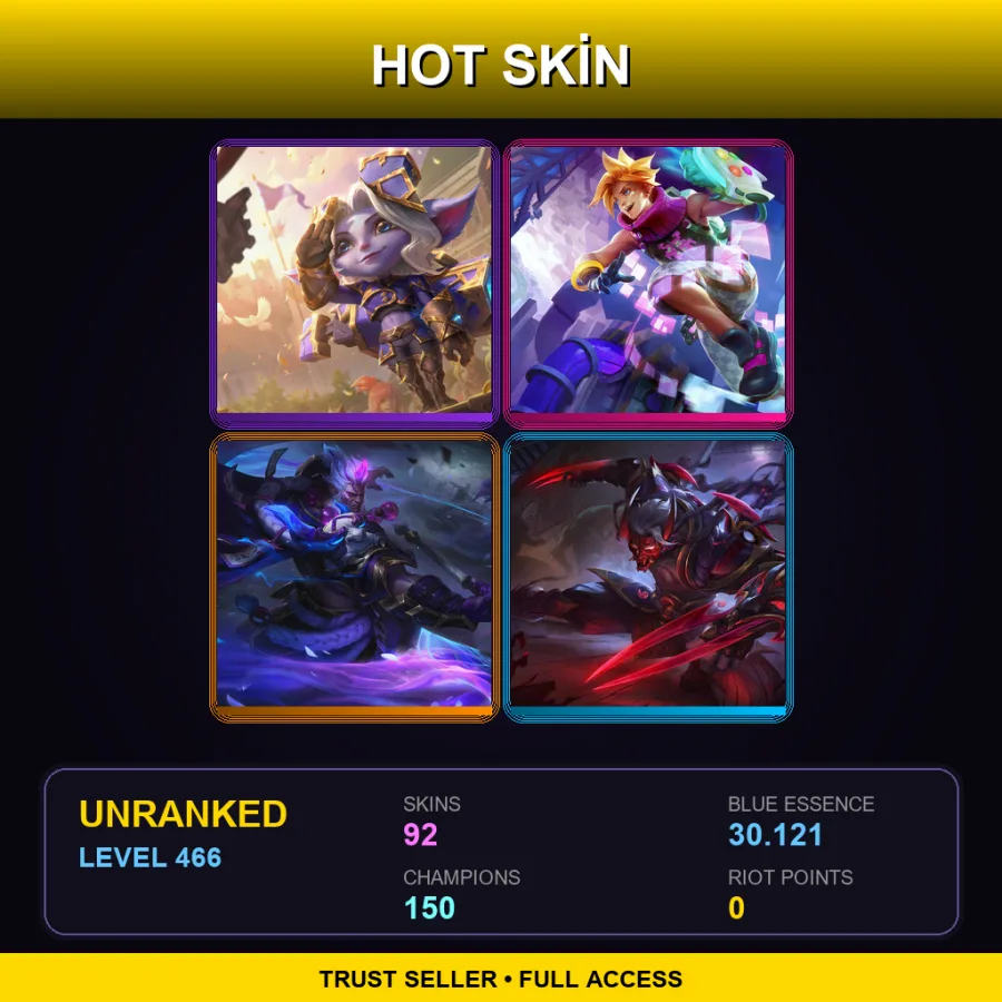 LAN | Hextech Tristana | Arcade Ezreal | Spirit Blossom Darius | Blood Moon Zed | 92 Skin | 150 Champ | Lv466