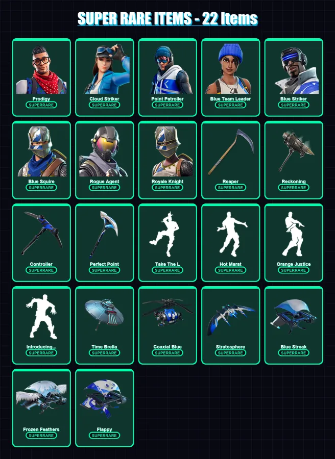 [PC/PSN] | Prodigy | Cloud Striker | Point Patroller | Blue Team Leader | Blue Striker | 202 skin | 247 pickaxe | 187 emote | 204 glider | Lv2788