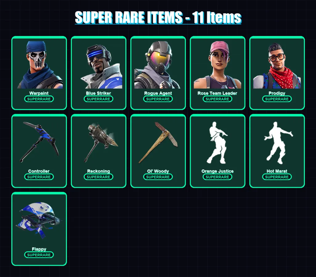 [PC/XBOX] | Warpaint | Blue Striker | Rogue Agent | Rose Team Leader | Prodigy | 56 skin | 66 pickaxe | 41 emote | 63 glider | Lv616
