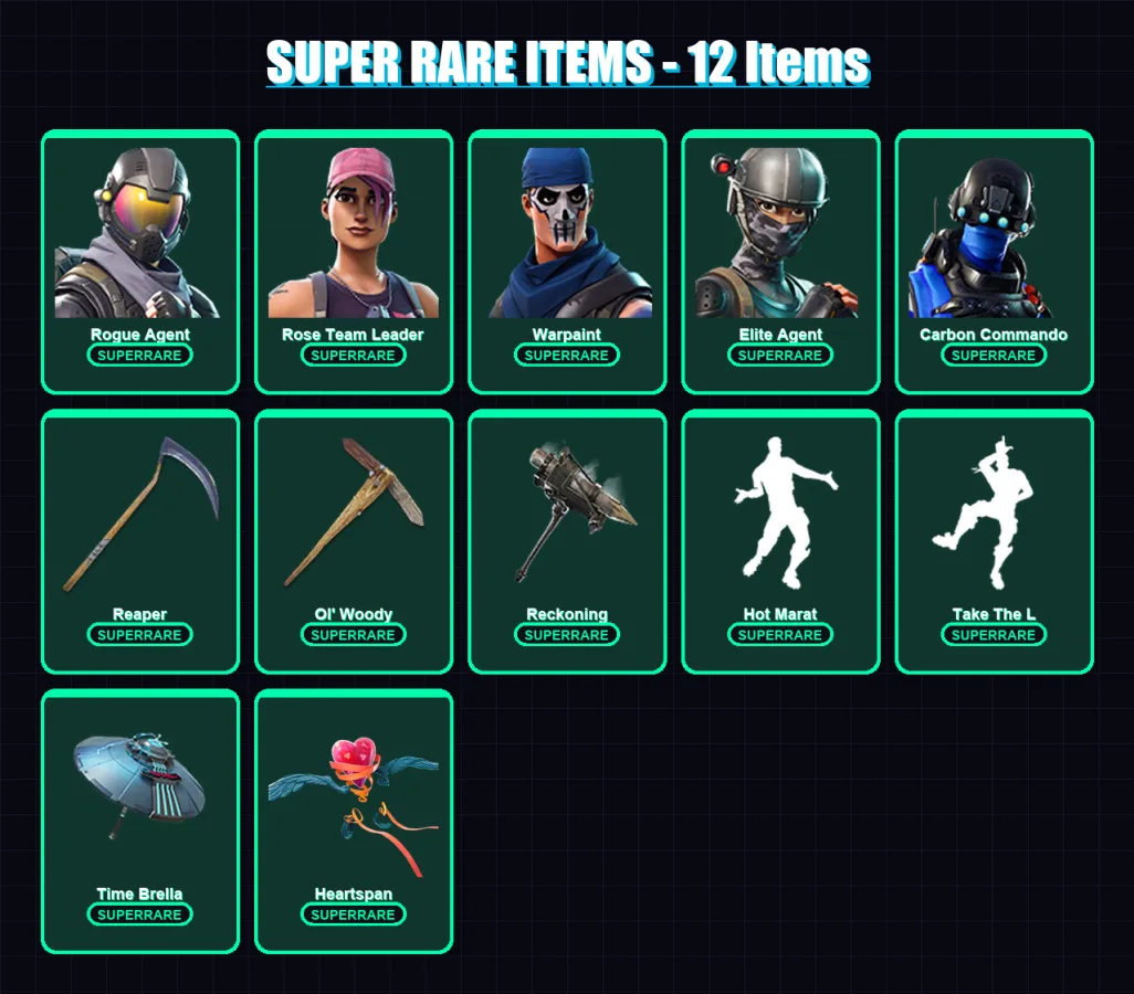 [PC/XBOX/PSN] | Rogue Agent | Rose Team Leader | Warpaint | Elite Agent | Carbon Commando | 82 skin | 80 pickaxe | 87 emote | 85 glider | Lv1107