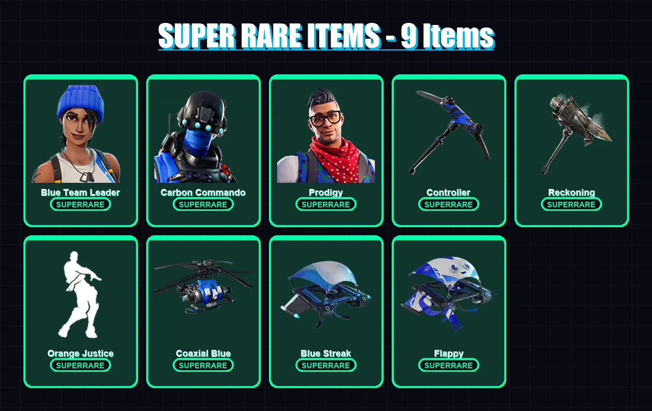 [PC/XBOX] | Blue Team Leader | Carbon Commando | Prodigy | Ultima Knight | Luxe | 99 skin | 85 pickaxe | 97 emote | 100 glider | Lv1350