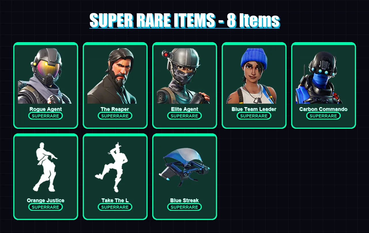 [PS4/PS5/XBOX/PC] | Rogue Agent | The Reaper | Elite Agent | Blue Team Leader | Carbon Commando | 30 skin | 18 pickaxe | 36 emote | 33 glider | Lv53