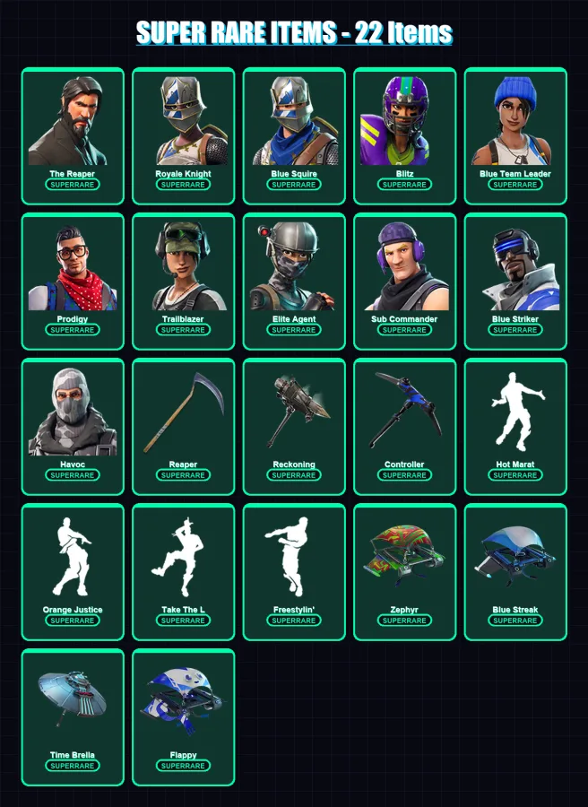 [PS4/PS5/XBOX/PC] | The Reaper | Royale Knight | Blue Squire | Blitz | Blue Team Leader | 136 skin | 80 pickaxe | 94 emote | 96 glider | Lv1216