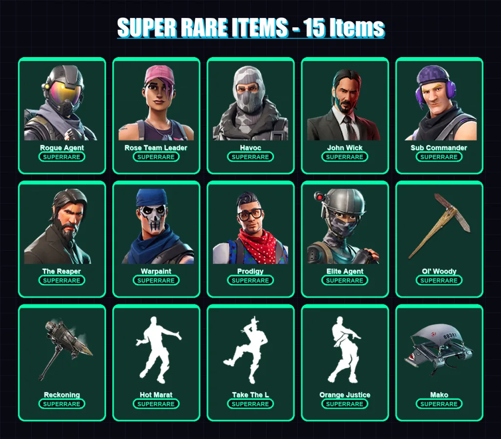 [PS4/PS5/XBOX/PC] | Rogue Agent | Rose Team Leader | Havoc | John Wick | Sub Commander | 75 skin | 49 pickaxe | 57 emote | 57 glider | Lv818