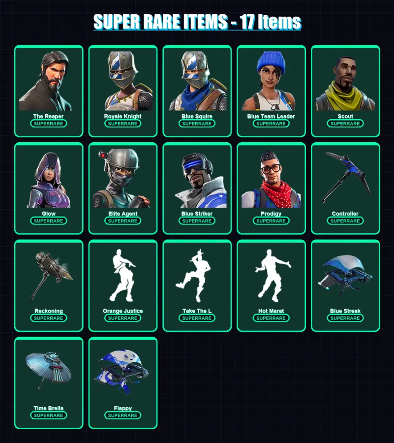 [PS4/PS5/PC] | The Reaper | Royale Knight | Blue Squire | Blue Team Leader | Scout | 116 skin | 100 pickaxe | 88 emote | 103 glider | Lv1210 — Fortnite account