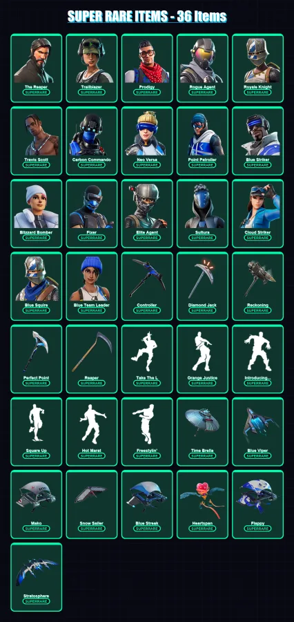 [PS4/PS5/XBOX/PC] | The Reaper | Trailblazer | Prodigy | Rogue Agent | Royale Knight | 166 skin | 151 pickaxe | 266 emote | 145 glider | Lv1651