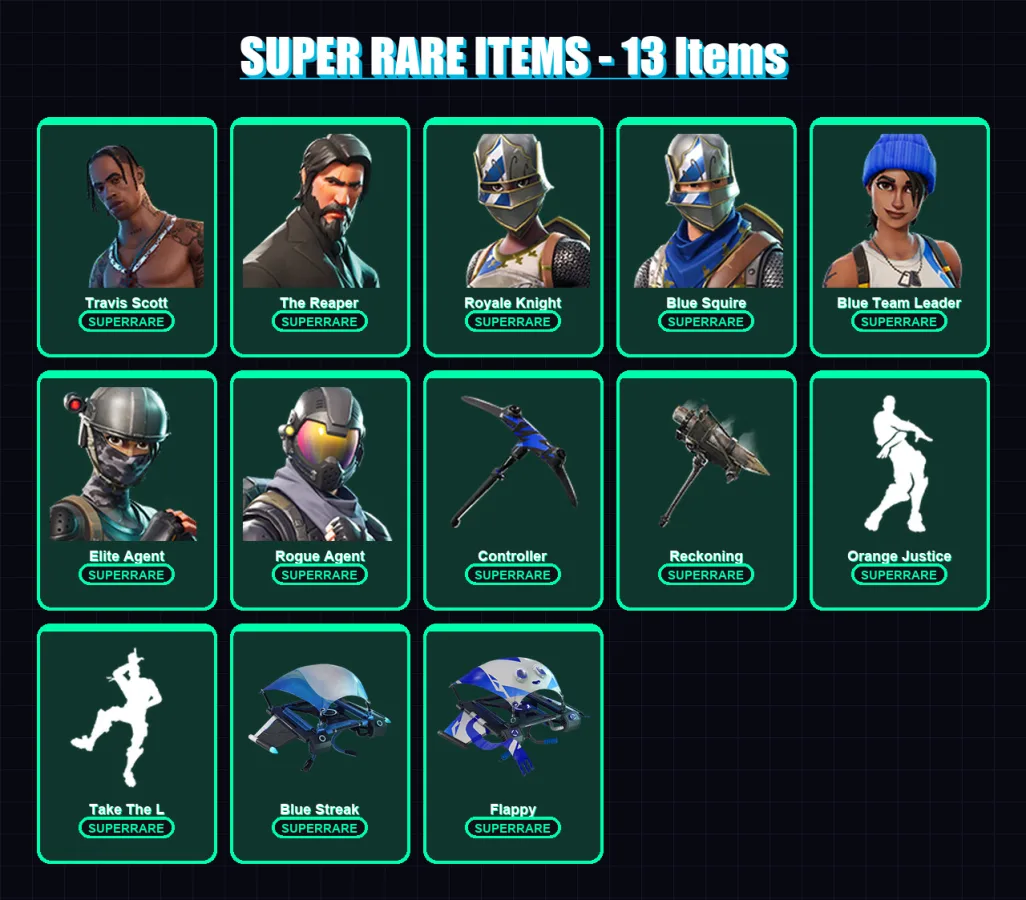 [PS4/PS5/XBOX/PC] | Travis Scott | The Reaper | Royale Knight | Blue Squire | Blue Team Leader | 37 skin | 31 pickaxe | 49 emote | 45 glider | Lv604