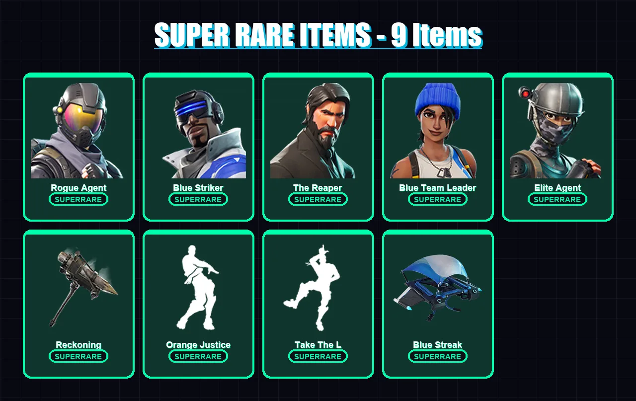 [PS4/PS5/PC] | Rogue Agent | Blue Striker | The Reaper | Blue Team Leader | Elite Agent | 28 skin | 14 pickaxe | 24 emote | 21 glider | Lv266