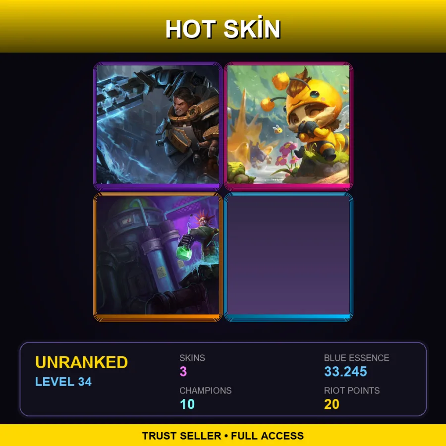 EUW | Lv34 | Unranked | 3 Skin | 10 Champ — LoL account