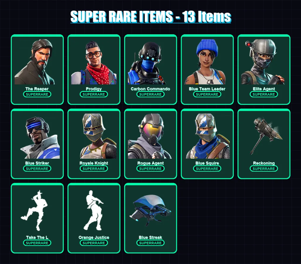[PS4/PS5/XBOX/PC] | The Reaper | Prodigy | Carbon Commando | Blue Team Leader | Elite Agent | 68 skin | 36 pickaxe | 48 emote | 44 glider | Lv586