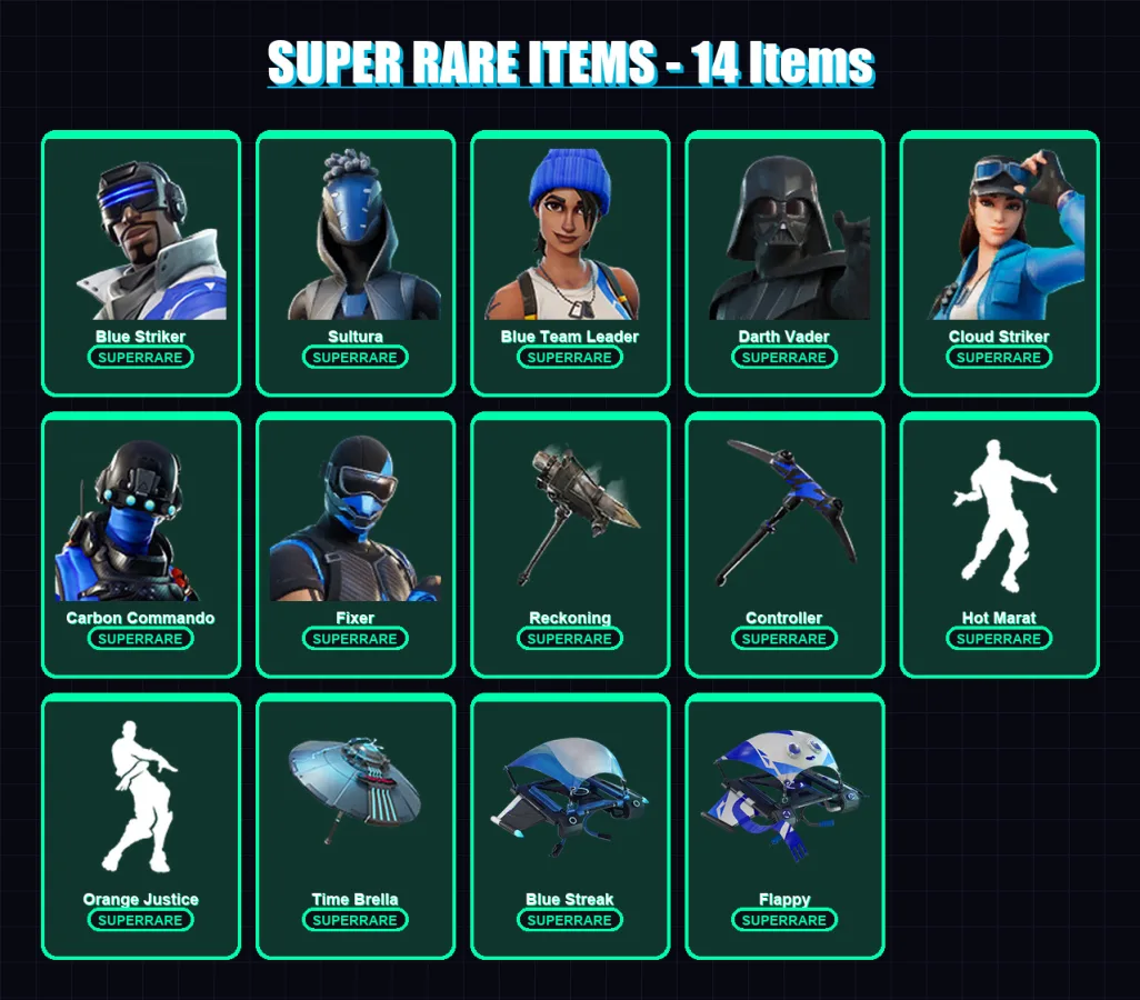 [PS4/PS5/XBOX/PC] | Blue Striker | Sultura | Blue Team Leader | Darth Vader | Cloud Striker | 161 skin | 163 pickaxe | 114 emote | 160 glider | Lv24