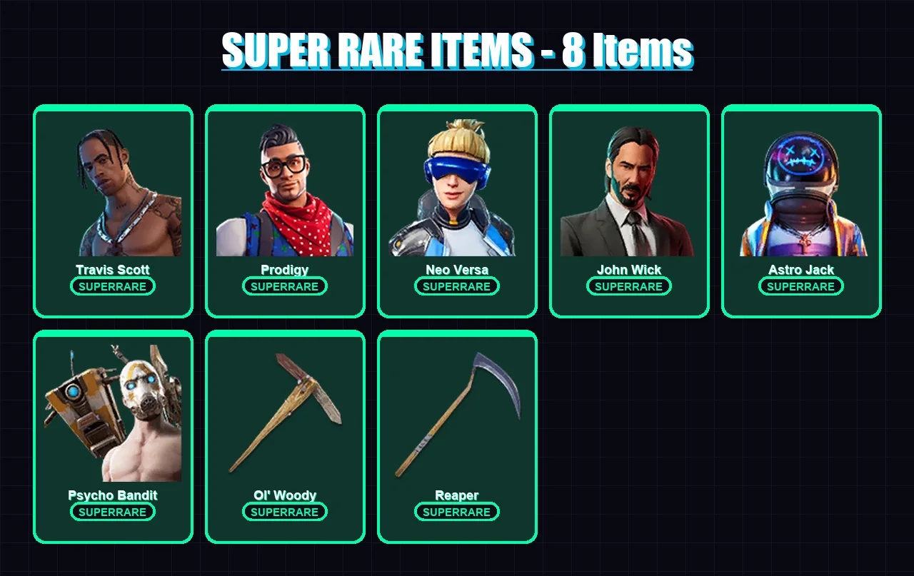 [PC] | Travis Scott | Prodigy | Neo Versa | John Wick | Astro Jack | 148 skin | 141 pickaxe | 121 emote | 92 glider | Lv1380 — Fortnite account