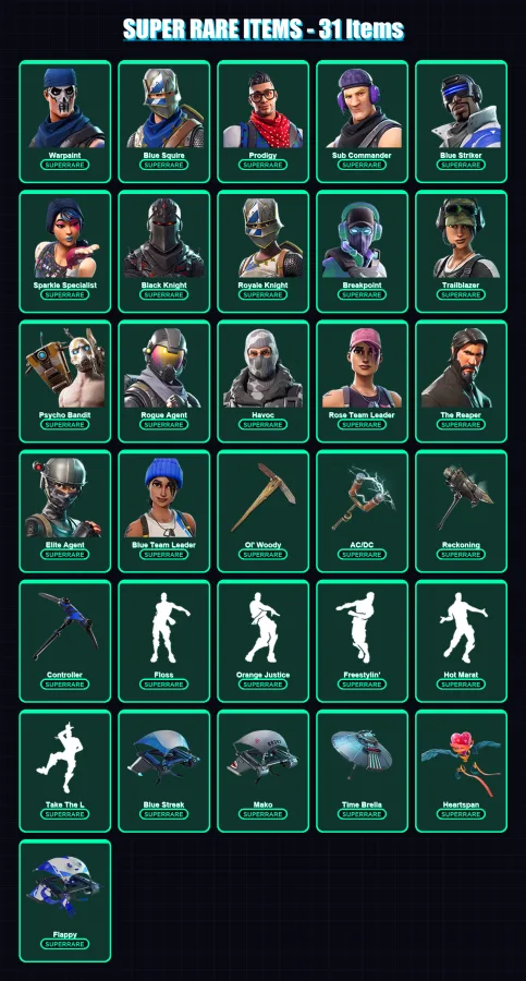 [PC/PSN] | Warpaint | Blue Squire | Prodigy | Sub Commander | Blue Striker | 102 skin | 88 pickaxe | 97 emote | 99 glider | Lv1651