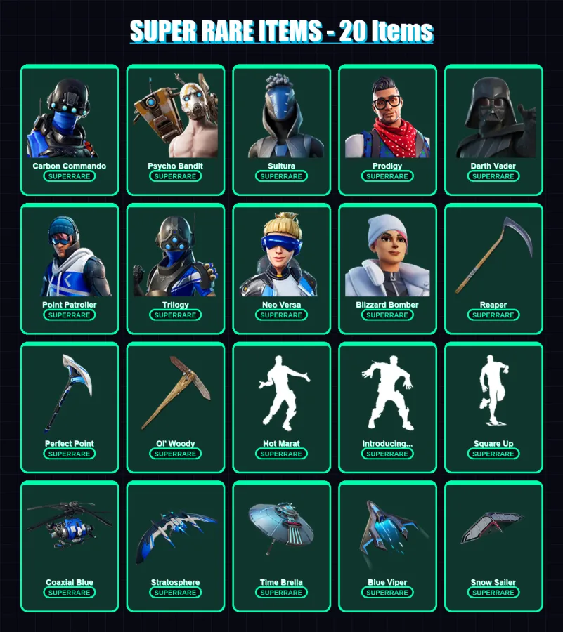 [PS4/PS5/PC] | Carbon Commando | Psycho Bandit | Sultura | Prodigy | Darth Vader | 286 skin | 286 pickaxe | 238 emote | 212 glider | Lv3127