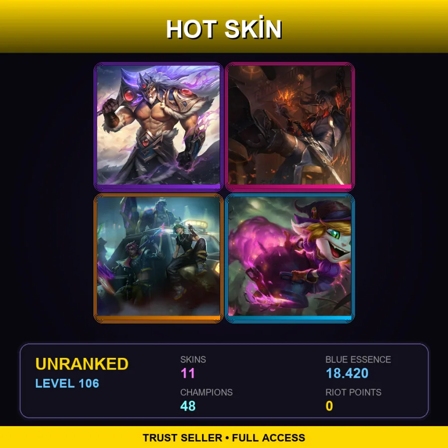 TR | Victorious Tryndamere | High Noon Yone | HEARTSTEEL Ezreal | Bewitching Tristana | 11 Skin | 48 Champ | Lv106