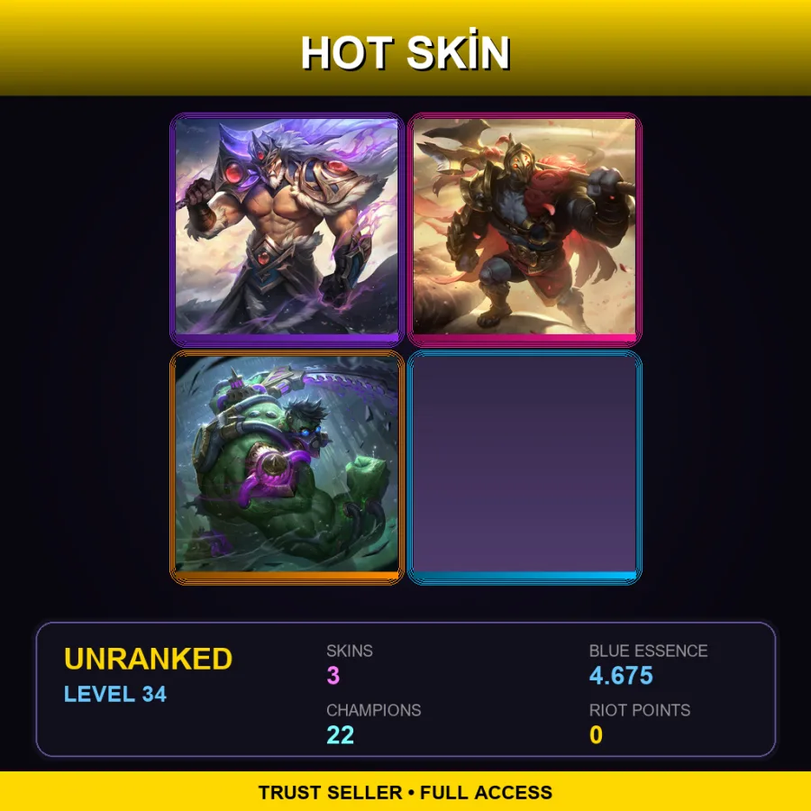 EUW | Lv34 | Unranked | 3 Skin | 22 Champ — LoL account
