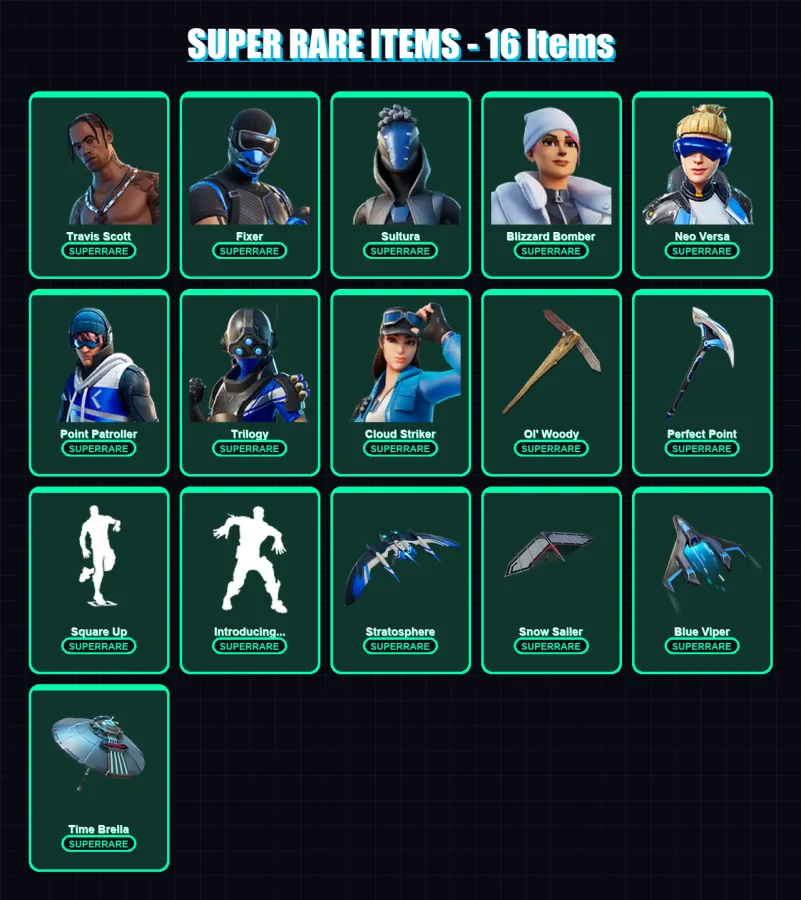 [PS4/PS5/PC] | Travis Scott | Fixer | Sultura | Blizzard Bomber | Neo Versa | 259 skin | 290 pickaxe | 214 emote | 199 glider | Lv2726