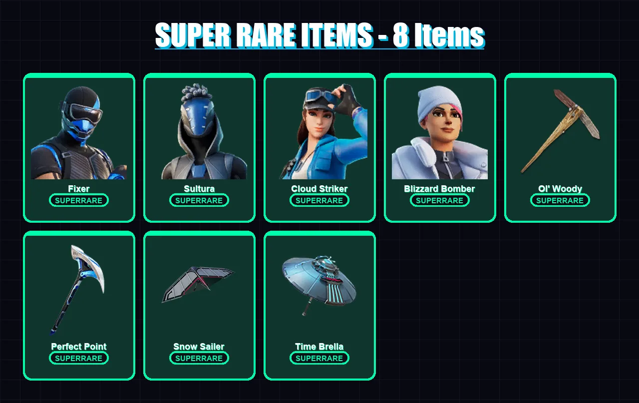[PC] | Fixer | Sultura | Cloud Striker | Blizzard Bomber | Spectra Knight | 73 skin | 97 pickaxe | 77 emote | 67 glider | Lv872