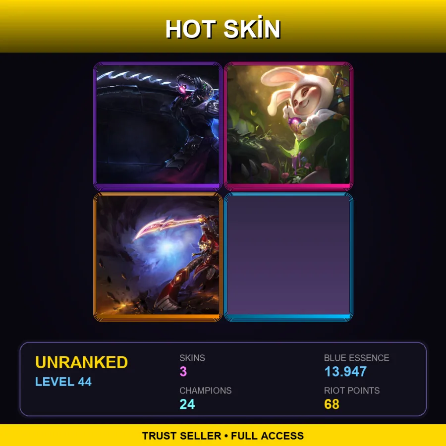 EUW | Headhunter Master Yi | Cottontail Teemo | Ionia Master Yi | 3 Skin | 24 Champ | Lv44