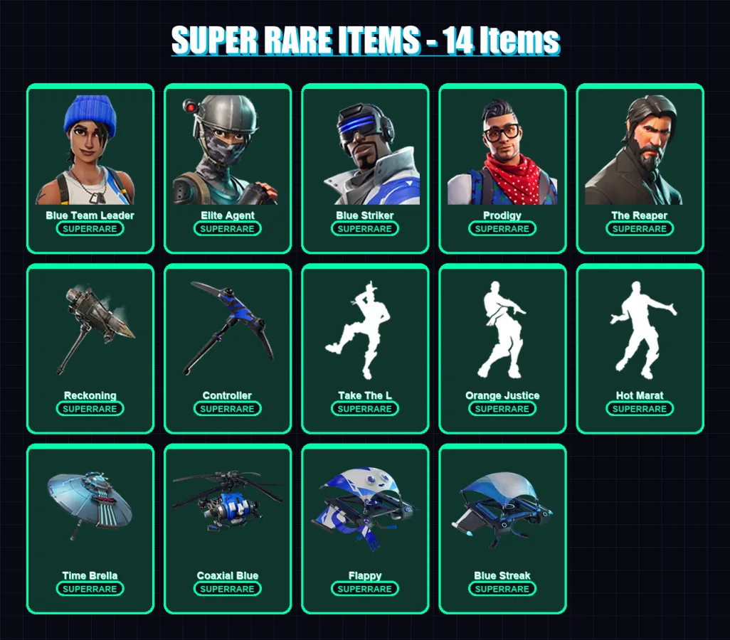 [PC] | Blue Team Leader | Elite Agent | Blue Striker | Prodigy | The Reaper | 74 skin | 69 pickaxe | 67 emote | 84 glider | Lv1091 — Fortnite account