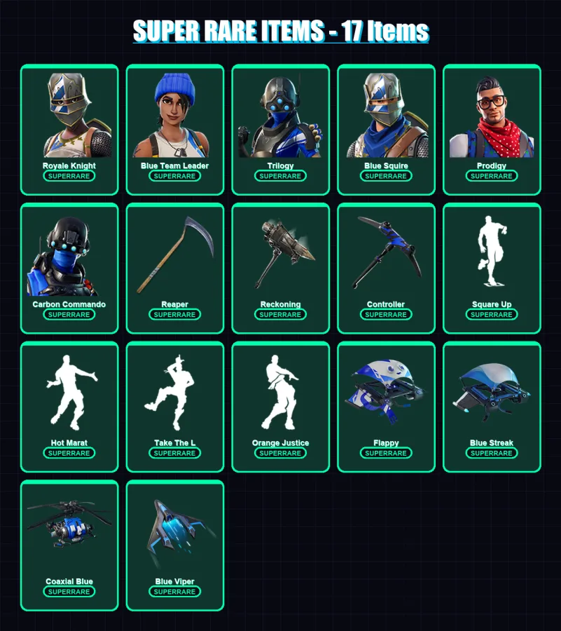 [PS4/PS5/XBOX/PC] | Royale Knight | Blue Team Leader | Trilogy | Blue Squire | Prodigy | 110 skin | 104 pickaxe | 92 emote | 106 glider | Lv1306