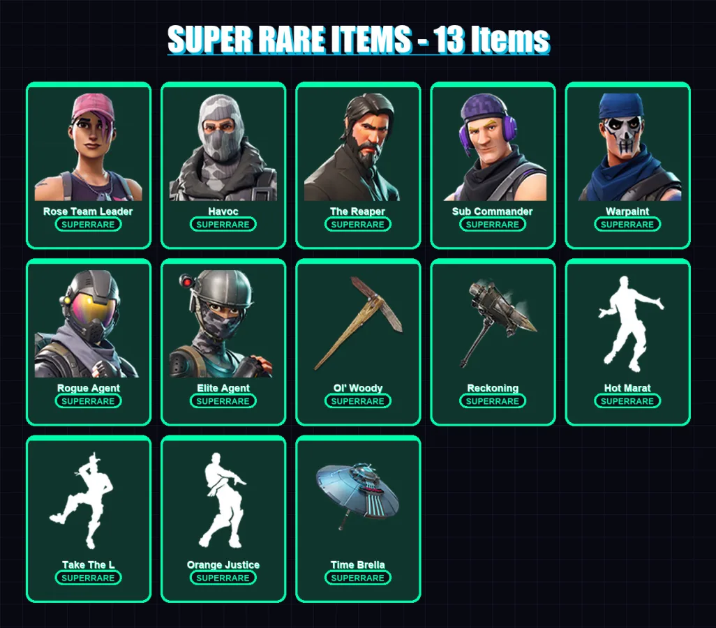 [PC/XBOX/PSN] | Rose Team Leader | Havoc | The Reaper | Sub Commander | Warpaint | 103 skin | 114 pickaxe | 101 emote | 130 glider | Lv1553