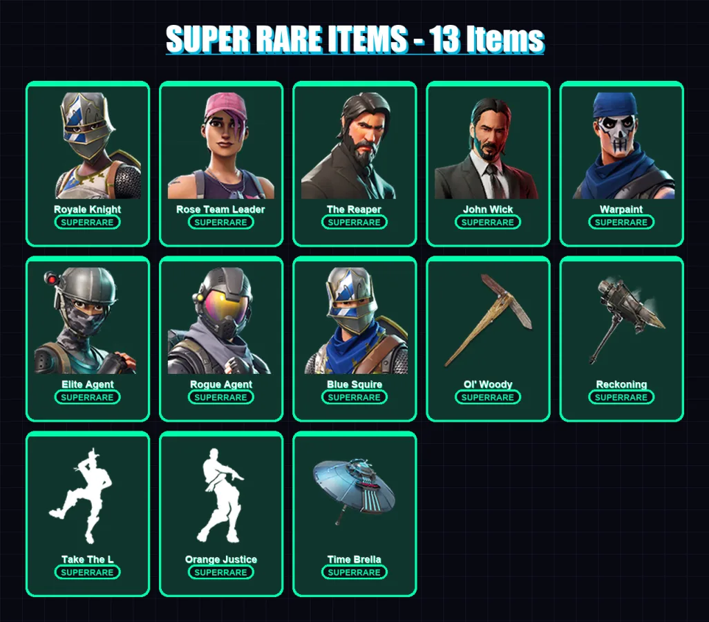 [PC] | Royale Knight | Rose Team Leader | The Reaper | John Wick | Warpaint | 248 skin | 280 pickaxe | 199 emote | 187 glider | Lv2572
