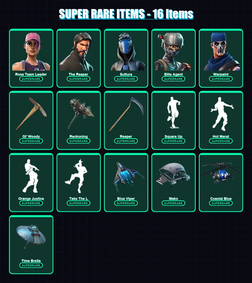 [PS4/PS5/XBOX/PC] | Rose Team Leader | The Reaper | Sultura | Elite Agent | Warpaint | 74 skin | 84 pickaxe | 82 emote | 105 glider | Lv1289