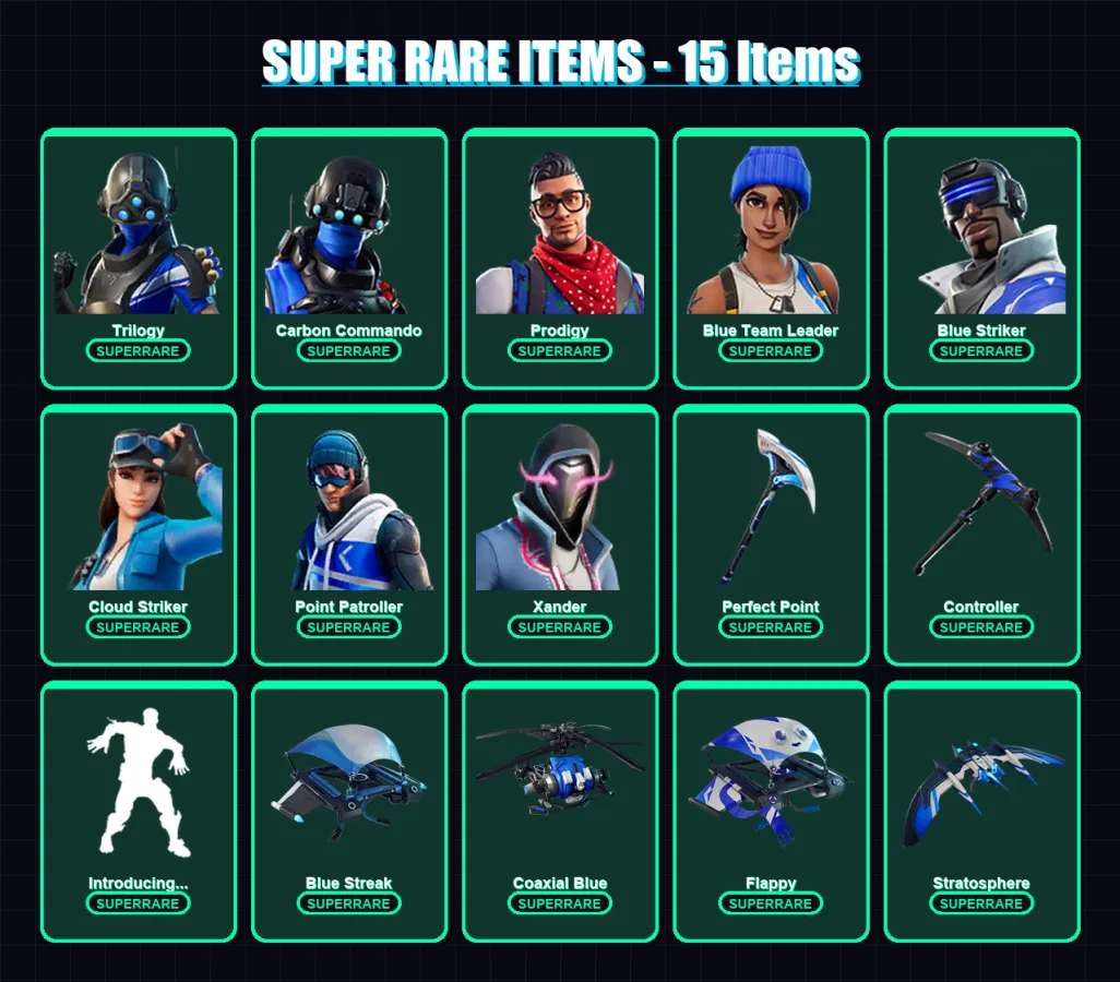 [PS4/PS5/XBOX/PC] | Trilogy | Carbon Commando | Prodigy | Blue Team Leader | Blue Striker | 50 skin | 64 pickaxe | 60 emote | 66 glider | Lv977
