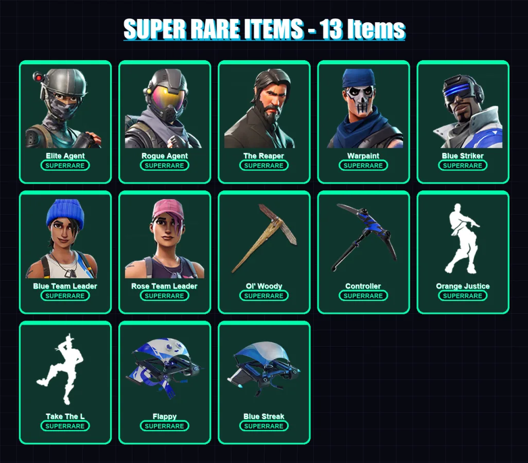 [PC/XBOX/PSN] | Elite Agent | Rogue Agent | The Reaper | Warpaint | Blue Striker | 37 skin | 34 pickaxe | 30 emote | 34 glider | Lv573