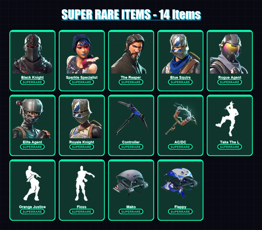 [PS4/PS5/XBOX/PC] | Black Knight | Sparkle Specialist | The Reaper | Blue Squire | Rogue Agent | 29 skin | 39 pickaxe | 50 emote | 44 glider | Lv807