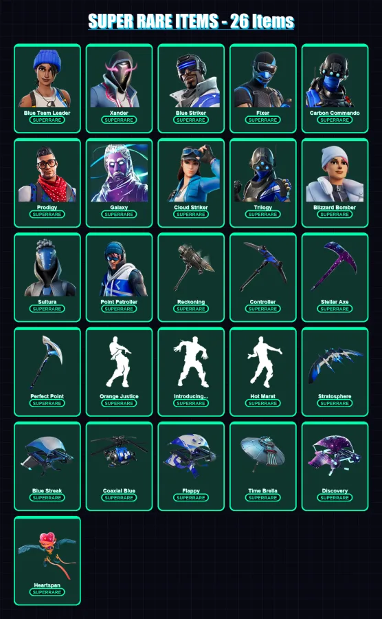 [PS4/PS5/PC] | Blue Team Leader | Xander | Blue Striker | Fixer | Carbon Commando | 136 skin | 149 pickaxe | 155 emote | 146 glider | Lv2511