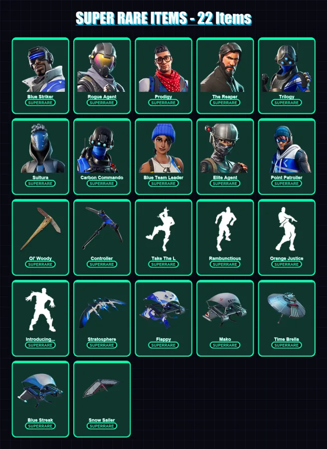 [PS4/PS5/XBOX/PC] | Blue Striker | Rogue Agent | Prodigy | The Reaper | Trilogy | 77 skin | 79 pickaxe | 91 emote | 83 glider | Lv1185