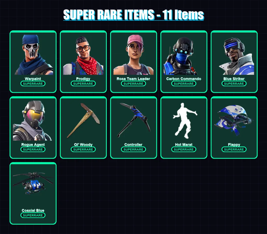 [PC/XBOX] | Warpaint | Prodigy | Rose Team Leader | Carbon Commando | Blue Striker | 36 skin | 37 pickaxe | 40 emote | 33 glider | Lv515