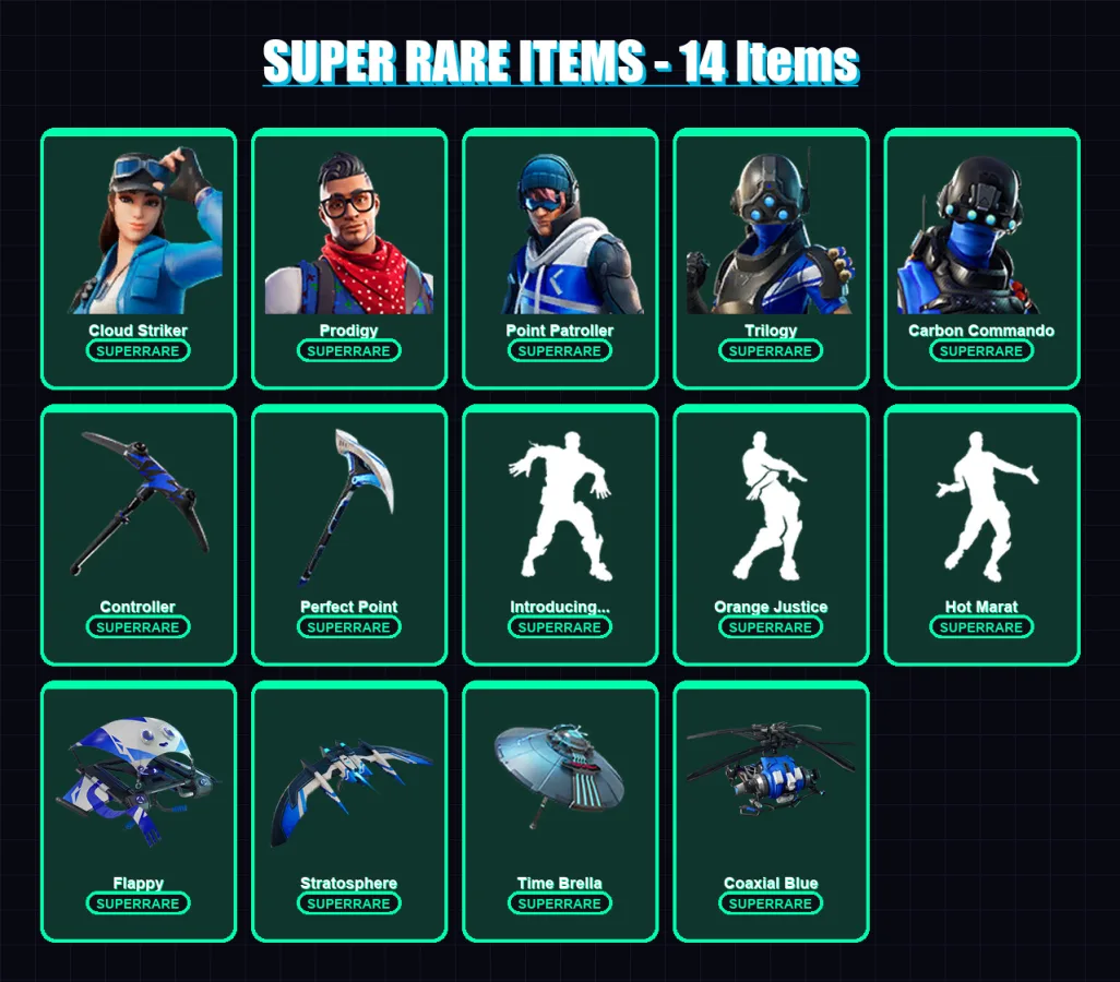 [PS4/PS5/XBOX/PC] | Cloud Striker | Prodigy | Point Patroller | Trilogy | Carbon Commando | 53 skin | 72 pickaxe | 92 emote | 79 glider | Lv1109
